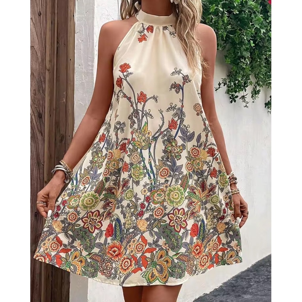 Seasty Women Shift Dress Sz XL Floral Apricot Halte Neck Botanical Print Boho - Picture 3 of 13